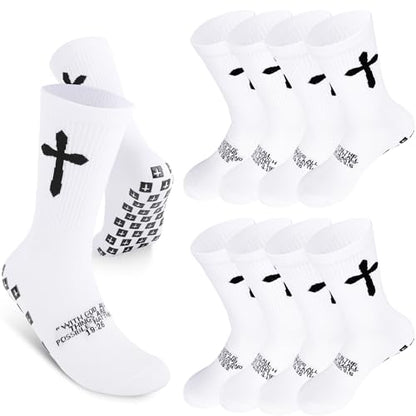 8 Pairs Cross Grip Socks Anti-Slip Christian Socks with Bible Verse and Rubber Dots Jesus Sports Sock for Unisex Youth (White)