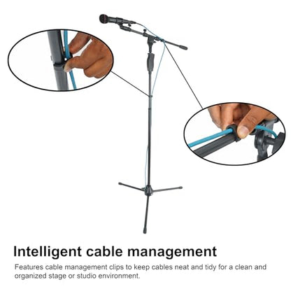 Rockville RVMIC3 V2 Black Tripod Mic Stand with Metal Hand Clutch and Boom