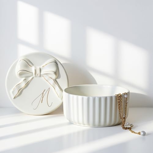 COLLECTIVE HOME Ceramic Jewelry Box with Bow, Nightstand Vanity Decor(M) - color: M