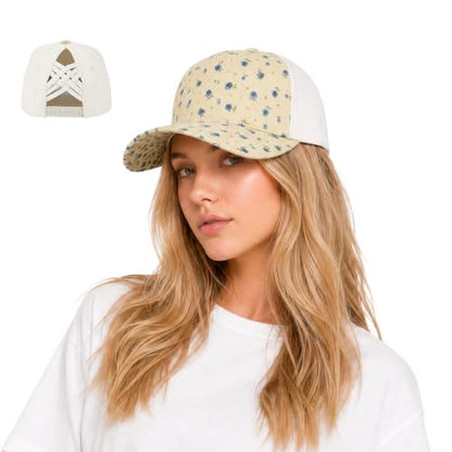 C.C Women's Criss-Cross Ponytail Trucker Hat - Snapback, One Size - color: Ditsy Flower-beige