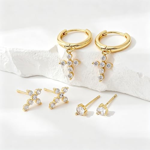 SHERLOVE Gold Earring Stacks Women 3Pairs Dangle Stud Huggie Hoop Set - color: 3 Pairs-Cross 01 Stud Gold