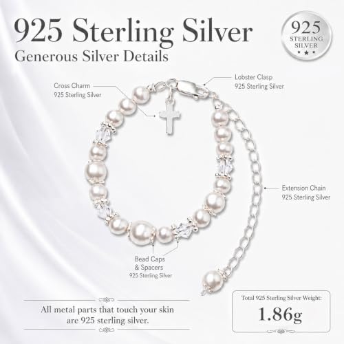 Tryuunion Baptism Bracelet in 925 Sterling Silver and Cultured Pearls for Baby Girls, with Silver-plated Jewelry Keepsake Box, Great Catholic Christening and Baptism Gifts for Girl - style: Basic Set