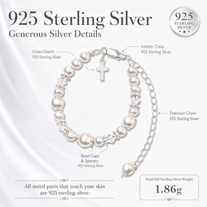 Tryuunion Baptism Bracelet in 925 Sterling Silver and Cultured Pearls for Baby Girls, with Silver-plated Jewelry Keepsake Box, Great Catholic Christening and Baptism Gifts for Girl - style: Basic Set