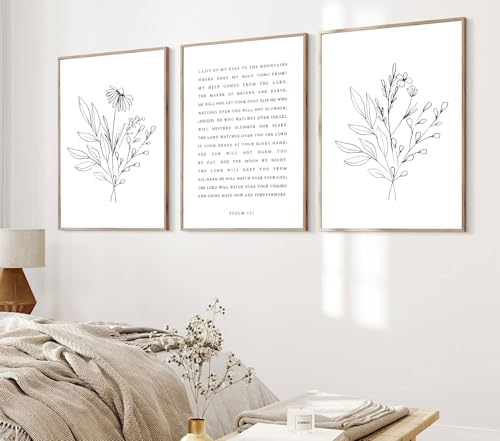 Psalm 121 Christian Wall Art, 3 Piece Unframed Botanical Prints, 12x16 - color: Bible Verses on Flowers, size: 16"L x 12"W