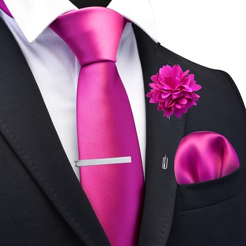Branduce 3.15"（8cm） Mens Tie and Lapel Pin Solid Necktie Handkerchief Tie Clip Set for Men - color: Hot Pink