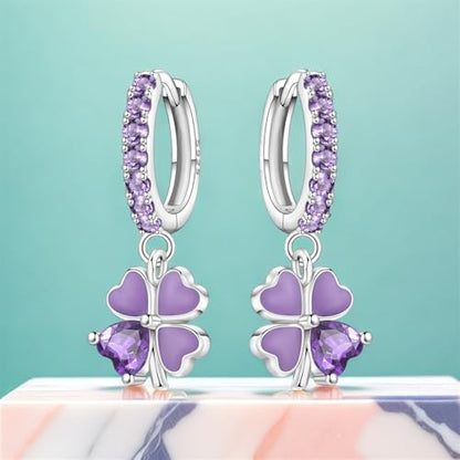 925 Sterling Silver Drop & Dangle Earrings for Women,Butterfly Dragonfly and Bee|Flower and leaf Earrings, Suitable for Sensitive Ears Fashion Jewelry Gift- Hypoallergenic Earrings - color: Purple Clover