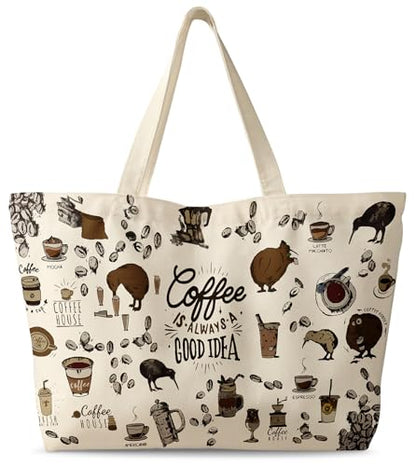 Miss Adola Large Tote Bag for Women - Canvas Tote Bag with Zipper Aesthetic Reusable Shoulder Bag for Gym, Travel, Work - style: Coffee House