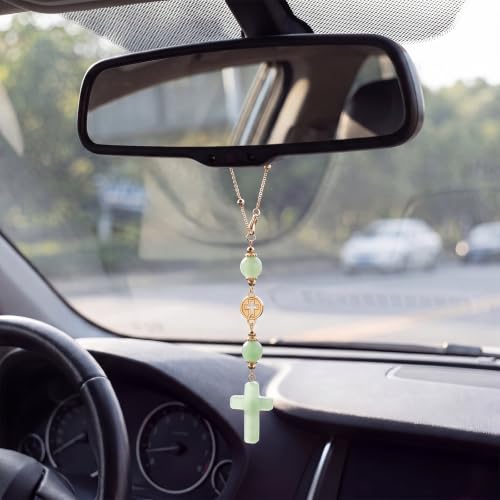 Crystal Cross Car Charm for Rearview Mirror, Car Mirror Hanging Accessories, Christian Cross Car Decor Ornament, Cute Car Charm for Women Drivers Mom (Green) - color: Green