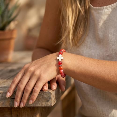 Cross Birthstone Gemstone Beaded Stretch Protection Bracelet for Man Woman, Handmade Healing Stone Chakra Beads Elastic Bracelets Accessories Fashion Jewelry Gift. - color: Red Agate