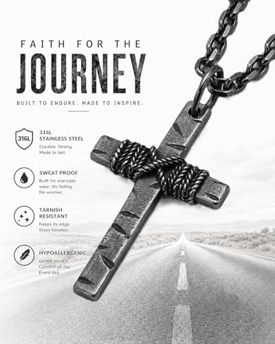 Cross Necklace for Men & Women, Braided Rope Detail - color: High Polished Black