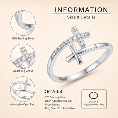 Cross Rings 925 Sterling Silver for Women Christian Religious Jewelry Faith Gifts for Mom Wife Girlfriend Her - color: White-7