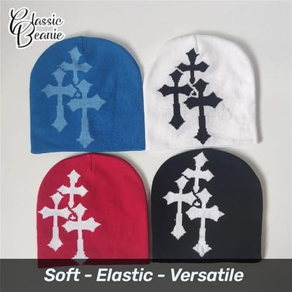 Fashion Knit Beanie with Cross Pattern Y2K Unisex Soft Jacquard Cap Popular Hip-Hop Cool Street Outdoor Sports Earflap Hat - color: Black