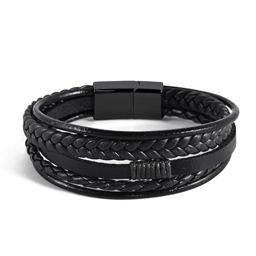 Leather Bracelet for Men Braided Stainless Steel Mens Bracelets - color: Black-BlackBuckle