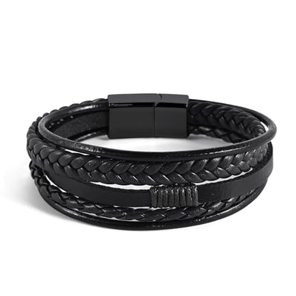 Leather Bracelet for Men Braided Stainless Steel Mens Bracelets - color: Black-BlackBuckle