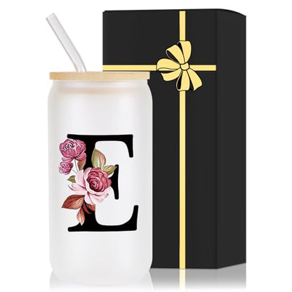 Monogrammed Glass Drinking Cup With Lid Straw Best Female Friend Happy Birthday Ideal Close Women Bf Stuff Bestie Soul Gift Sister Ever Long Distance Personalized Unique Cute Christmas Xmas Present,E - style: Letter E