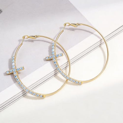 Large Cross Hoop Earrings for Women Sparkly Rhinestone Statement Jewelry for Prom Wedding Party Night Out Accessories Shiny Silver Tone Fashion Dangle Earings - color: Light Blue
