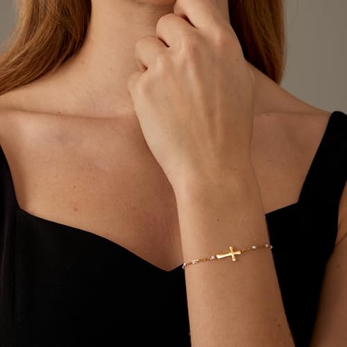 18K Gold Plated Pearl Bracelets for Women Dainty Waterproof - style: White Cross-Gold