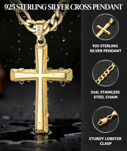 925 Sterling Silver Cross Necklace for Men with 5mm Figaro Chain - color: Gold, size: 24 inches