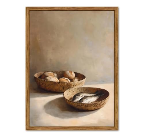 Framed Christian Five Loaves and Two Fish Wall Art, Vintage Kitchen Pictures Wall Decor, Rustic Bible Food Paintings Canvas Prints Religious Home Decor for Living Room Dining Room 16x24 inch - color: Christian Kitchen, size: 24"L x 16"W