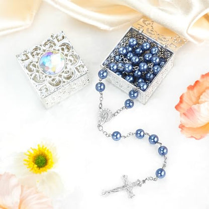 Blue Pearl-Style Rosary Necklace with Metal Gift Box, 8mm, 22 Inch - color: Blue
