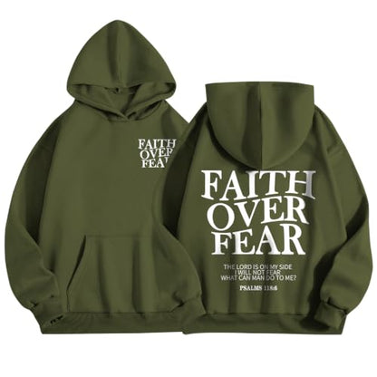 Wrenpies Faith Over Fear Hoodie for Women Christian Jesus Bible Verse Sweatshirt God Religious Oversized Tops - color: Army Green, size: Large