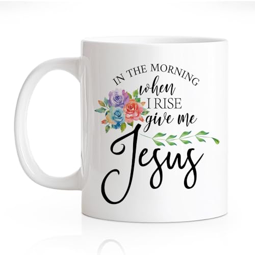 RZHV In The Morning When I Rise Give Me Jesus 11 Oz Novelty Mug, Funny Floral Coffee Mug for Christian, Religious Faith Gifts for Women Coworker Friends, Pray Room Bible Verse Gifts for Men Women - color: Jesus