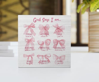 EIONEY God Says I am Desk Decor - Wooden Signs, Pink Bow Bible Verse Wood Box Sign for Girl Bedroom Dorm Home Office, Teen Girl Room Wall Tabletop Shelf Decor, 5x5 Inch