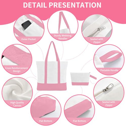 2-Pack Canvas Tote Bags and Makeup Bags, Cotton Zipper Bag, Pink - color: Pink/White