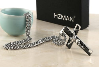 HZMAN Men's Stainless Steel Cross Crucifix Bible Prayer Pendant Necklace - color: Black