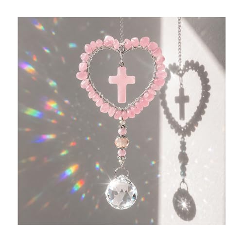 Hanging Crystals Suncatcher Cross Car Rear View Mirror Accessories - color: Rose Quartz