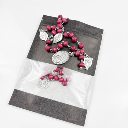 Seven Sorrows of Mary Rosary Wooden Beads Catholic Jewelry Necklace for Pray - color: Red
