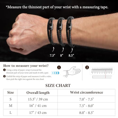 Leather Cross Bracelets for Men : Black Genuine Braided Double Wrap Jesus Cross Braided Leather Bracelets with Stainless Steel Clasp for Men Boyfriend,Christian Jewelry Gifts,8 Inches