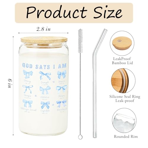 IWXYI Coquette Blue Bow Christian Glass Cup with Lids and Straws 14oz, Christian Gifts for Women, God Says I Am Bible Verse Religious Iced Coffee Tea Drinking Glasses with Cleaning Brush - color: Blue bow