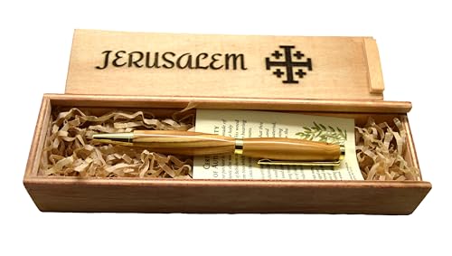 Olive wood from Israel hand turned pen with wooden gift box engraved Jerusalem Cross