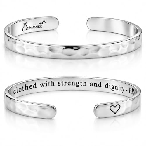 Carviell Bracelets for Women – 100+ Meaningful Engraved Messages – Solid 316L Surgical Stainless Steel Cuff Bracelet – Gift Ready - color: CHRISTIAN GIFT - She is clothed with strength and dignity