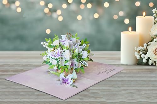 Purple Lilies Basket Pop Up Sympathy Cards with Envelopes, 6x8 in Sorry for Your Loss Card, Religious Pop Up Sympathy for Loss of Loved one, Mother, Father, Husband (Purple Lilies Basket) - color: Purple Lilies Sympathy