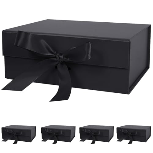 Aimyoo 5 Pack Black Gift Box with Ribbon, 8.6x6.7x3.4 inch Groomsman Proposal Box for Presents with Magnetic Closure Lids, Rectangle Collapsible Luxury Box for Wedding, Christmas, Halloween, Birthday - color: Black 8.6x6.7x3.4 inch-5 Pack