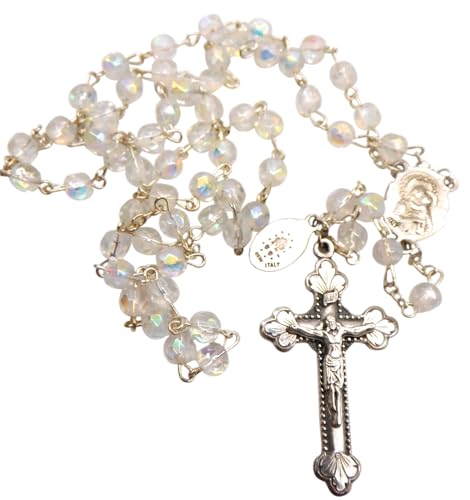 Westmon Works Girls First Holy Communion Rosary Set with Glass Beads Metal Crucifix Gift Boxed with Holy Card, Made in Italy