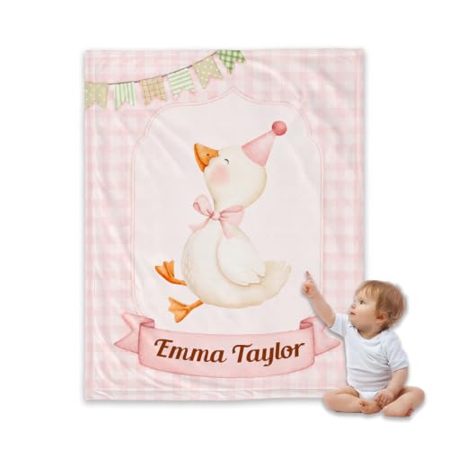 Personalized Birthday Goose Blanket, Pink Plaid Baby Throw Gift - color: #Ver11