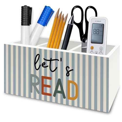 Reading Room Decor Pen Pencil Holder Organizer for Desk, Let's Read Boho Classroom Wooden Box Signs Decorations for Reading Corner Nook Room Library Desk Tabletop, Book Lover Reader Gifts - color: Color43