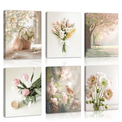 HOURIA 6Pcs Spring Flower Canvas Wall Art Set(8”x10”),Pink Green White Floral Botanical Wall Decor,Spring Nature Landscape Tulip Flowers Daisy Sparrow Art Prints for Farmhouse Living Room Bedroom Home - color: Spring Flower Canvas Wall Art, size: 8X10inch