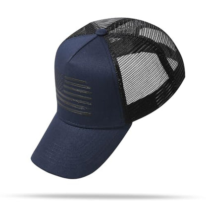 Baseball Cap, American Flag Trucker Hat for Men Women, Breathable Adjustable Fit Outdoor Mesh Snapback Hats - color: Navy/Black Flag