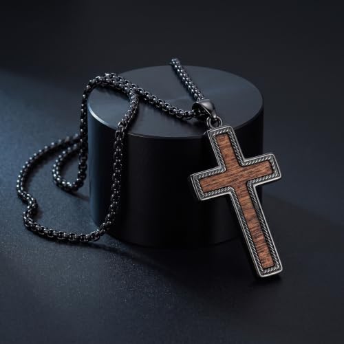 Cross Necklace for Men 925 Sterling Silver & Wood Cross Pendant with Stainless Steel Chain Cross Necklace for Men Women Christian Jewelry Gift - color: Cross-3