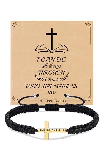 Christian Gifts Cross Bracelet for Men Easter Baptism Religious Gifts for Women Handmade Braided Bracelets Inspirational Confirmation Gifts for Teenage Girl Boys Jewelry - color: Gold, style: PHILIPPIANS 4:13