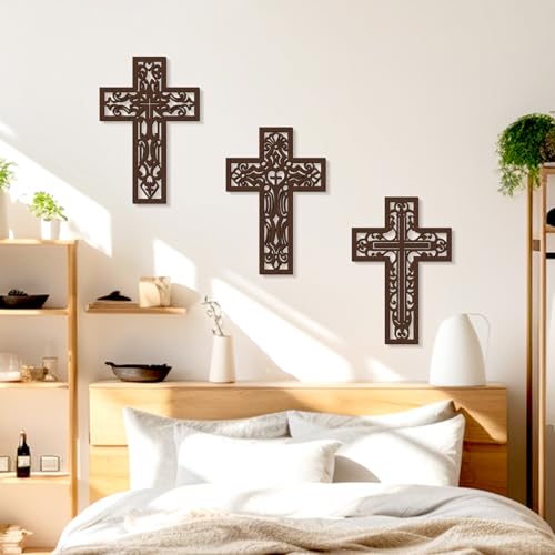 Bnesi 3 Pcs Wooden Cross Wall Decor, Carved Religious Crosses for Wall