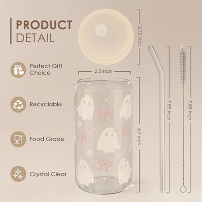 SANDJEST Halloween 16oz Can Glass Tumbler with Acrylic Lid & Straw, Iced Coffee Cup for Women Girls, Aesthetic Cups Gifts for Party - color: Boo