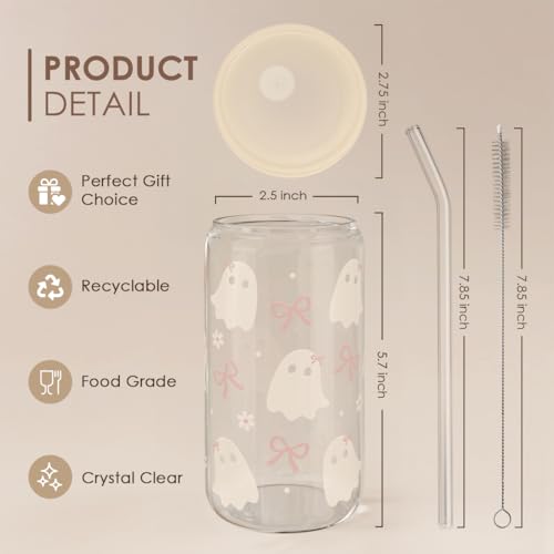 SANDJEST Halloween 16oz Can Glass Tumbler with Acrylic Lid & Straw, Iced Coffee Cup for Women Girls, Aesthetic Cups Gifts for Party - color: Boo