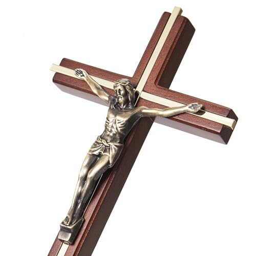 ACHIBANG Crucifix Wall Cross, 10 Inch Wooden Catholic Jesus Home Decor - color: Brown + Antique Brass