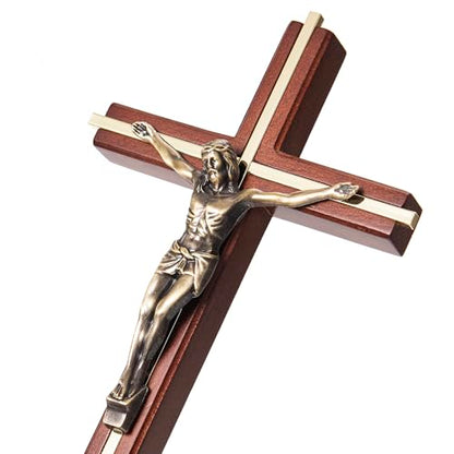 ACHIBANG Crucifix Wall Cross, 10 Inch Wooden Catholic Jesus Home Decor - color: Brown + Antique Brass