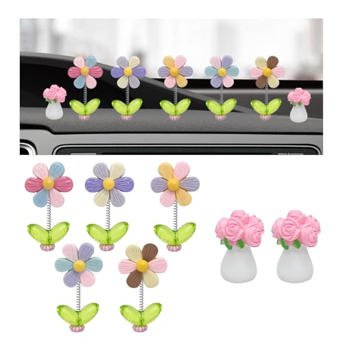 7 PCS Cute Car Rearview Mirror Accessories, Funny Bunny Auto Dashboard Ornament Interior Decor, Charming Spring Daisy Figurine Rear View Mirror Decoration for Men Women (Potted Flower) - color: Potted Flower